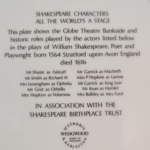 Vtg Wedgwood Etruria Shakespeare Characters All The World's A Stage Plate 10" - Picture 5 of 7